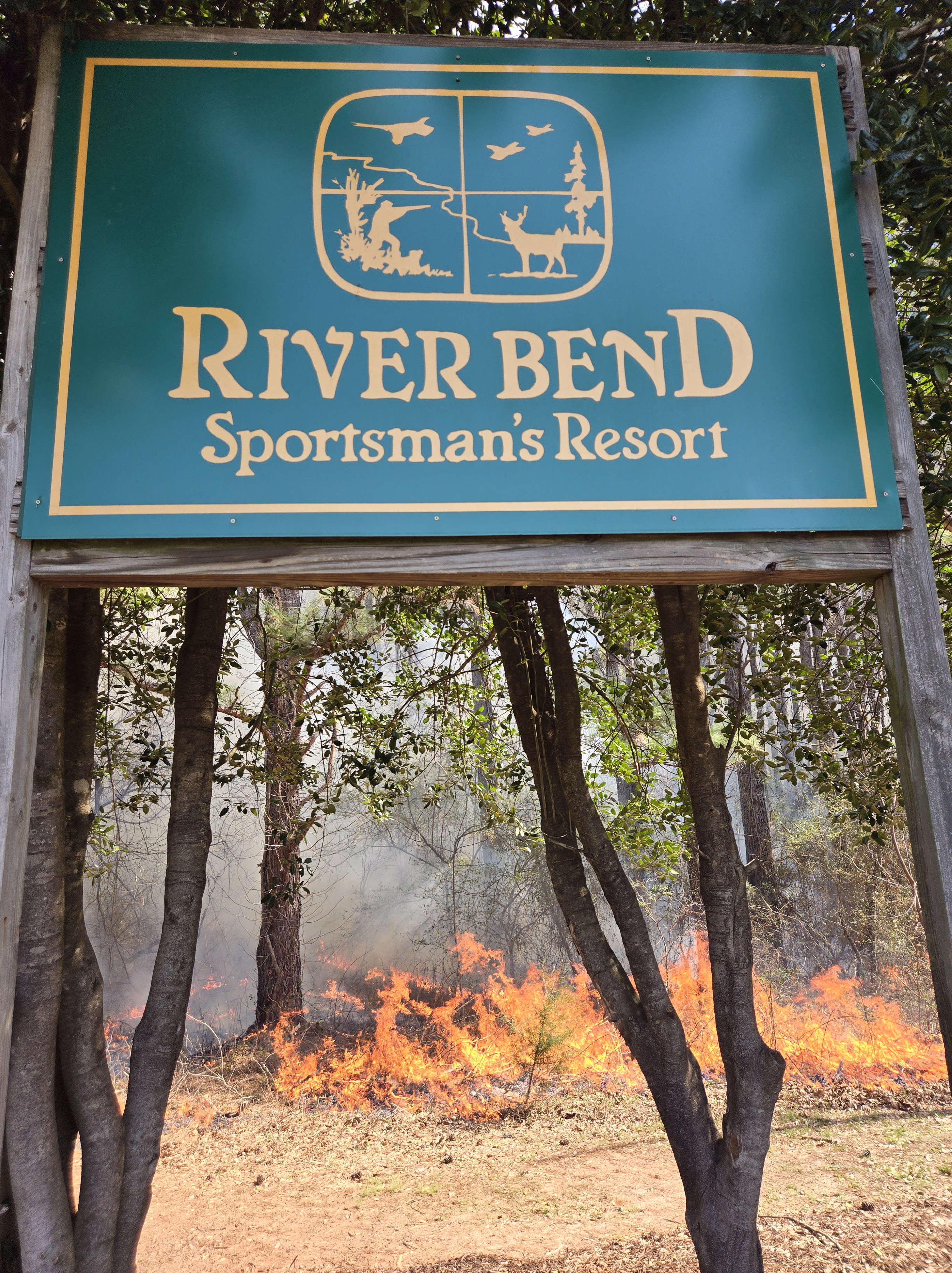 "Reach the green sign that reads 'River Bend Sportsman's Resort' to navigate through backwoods to find the river that is i...